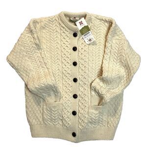 Carraig Donn NWT size XL Merino Wool Cable Knit Cream Fisherman Cardigan Sweater